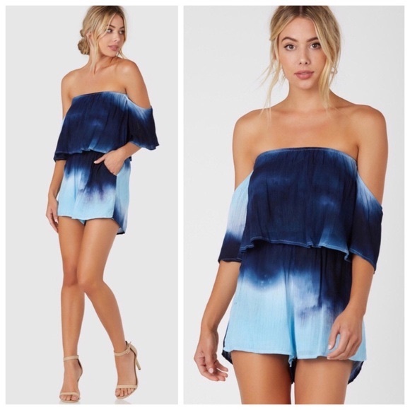 New tie-dye blue Off Shoulder Romper - Picture 2 of 3